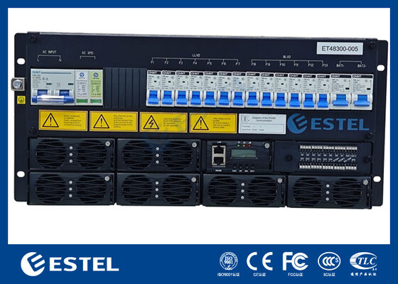 Σύστημα ανορθωτή τηλεπικοινωνιών που παρέχει θύρα internet RS485, επαφές ξηρής επαφής και δυνατότητες απομακρυσμένης παρακολούθησης για διαχείριση και έλεγχο δικτύου.